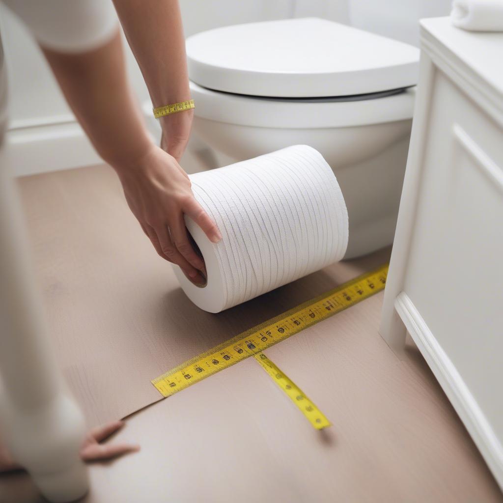 Measuring bathroom space for a white wicker toilet roll storage basket