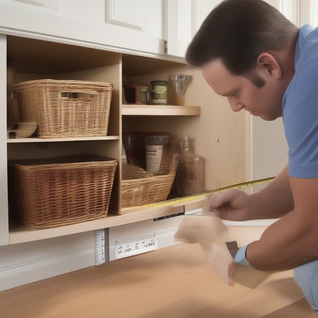 A person using a tape measure to accurately measure the interior dimensions of a kitchen cabinet before installing pull out wicker baskets.