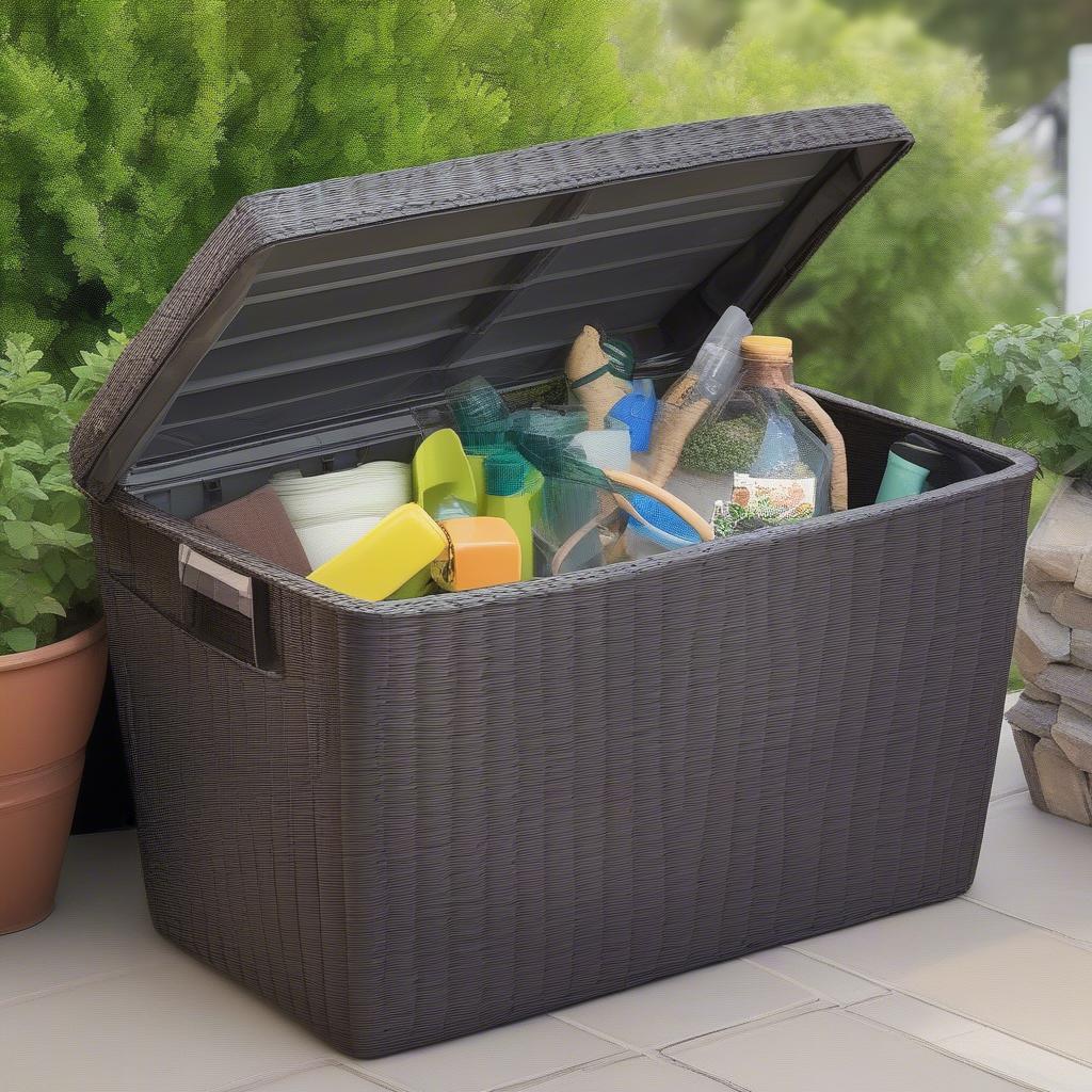 Medium Resin Wicker Storage Tote in Outdoor Setting