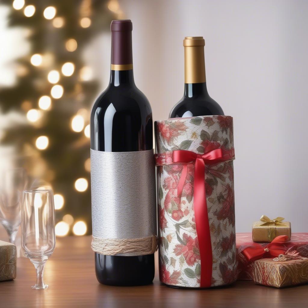 A beautifully gift-wrapped metal and wicker wine bottle holder, ready for a special occasion.