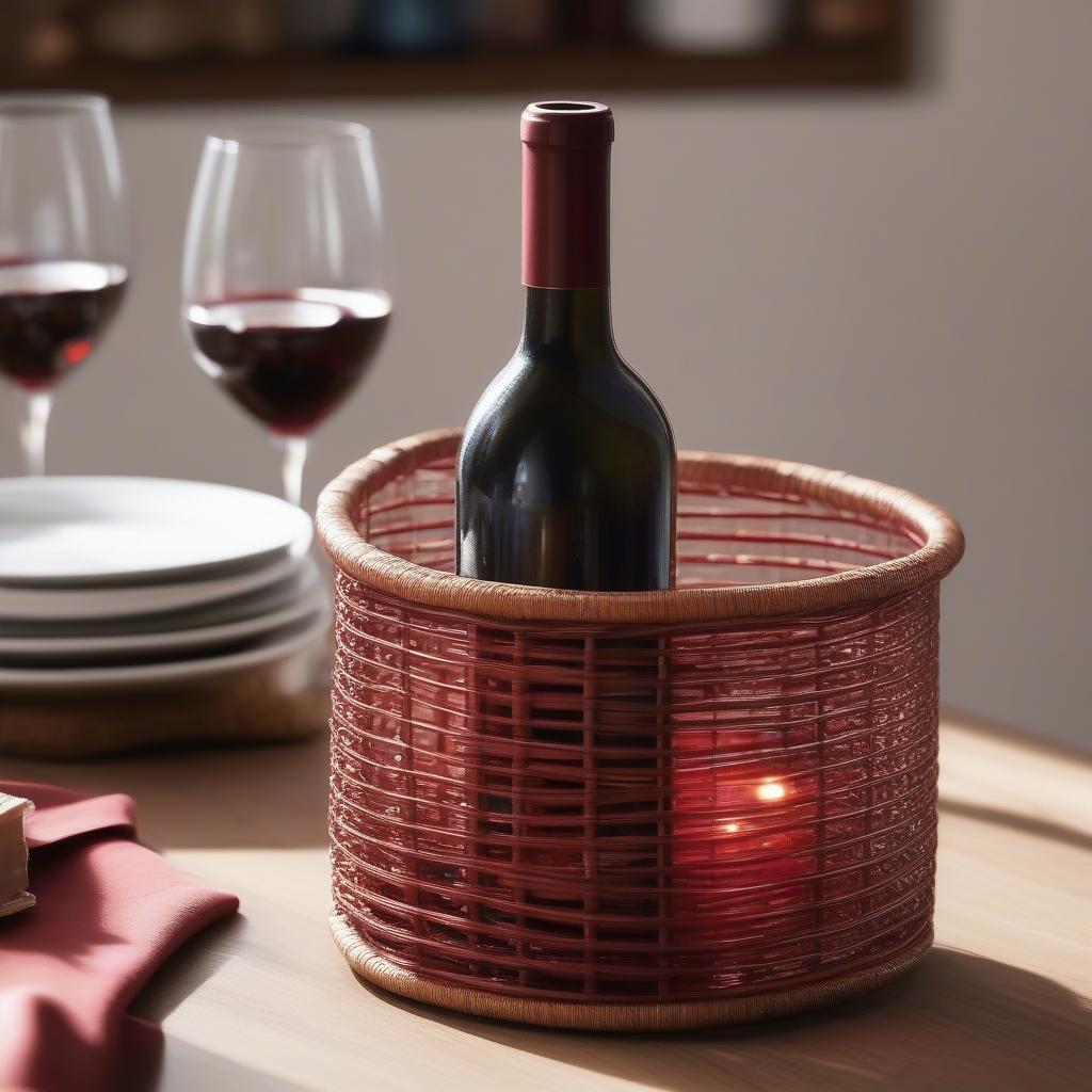 Metal and wicker wine bottle holder elegantly placed on a dining table, showcasing its rustic charm and practicality.