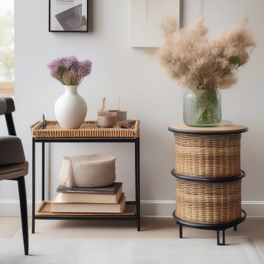 Metal framed wicker basket storage table in a modern living room setting