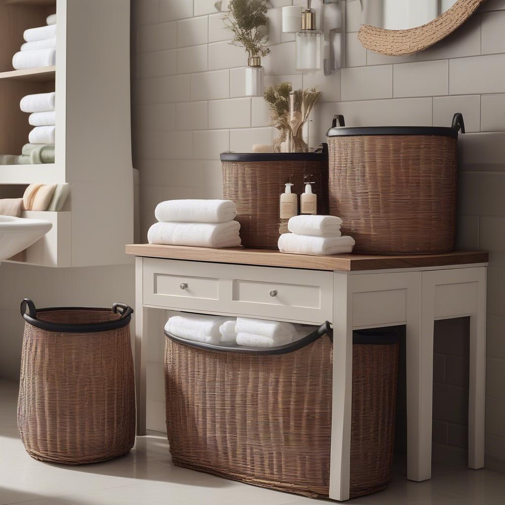 Metal and Wicker Baskets in a Bathroom