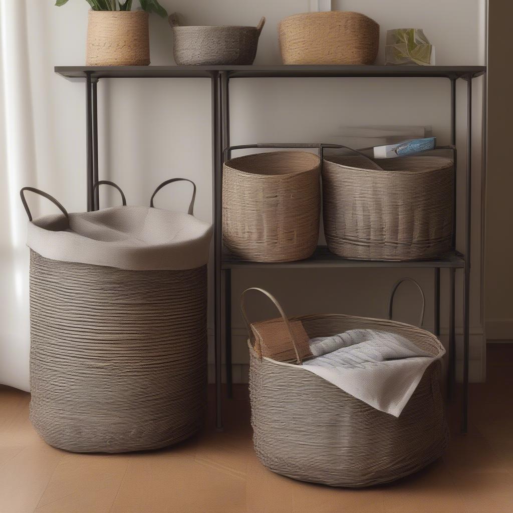 Metal and Wicker Storage Baskets in a Living Room