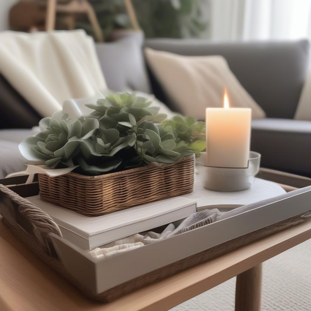 Metal and wicker storage tray basket used as a centerpiece on a living room coffee table, filled with decorative items and books.