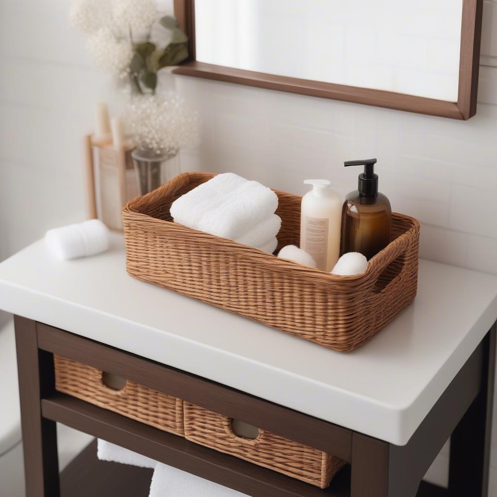 Metal and wicker storage tray basket used in a bathroom to organize toiletries and towels.