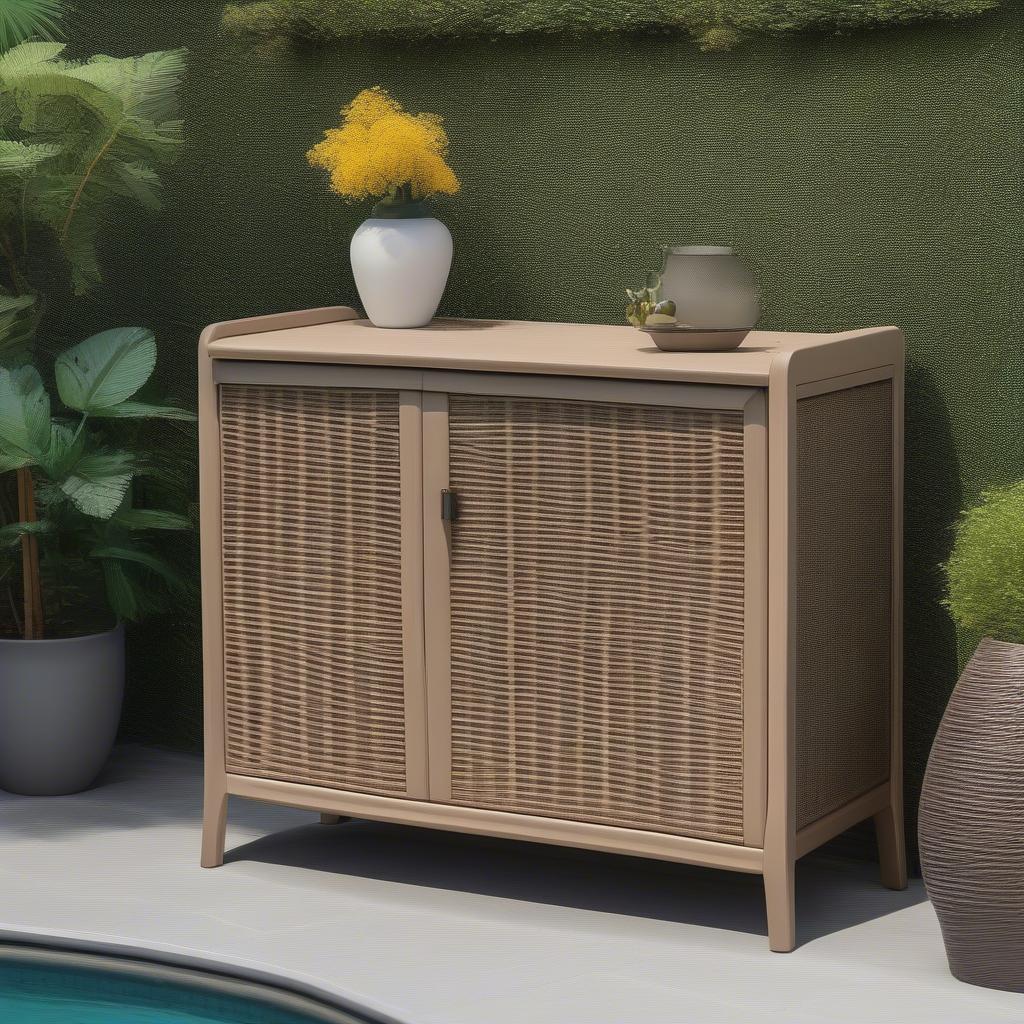 Mimosa Mandalay Wicker Outdoor Storage Cabinet in a Garden Setting