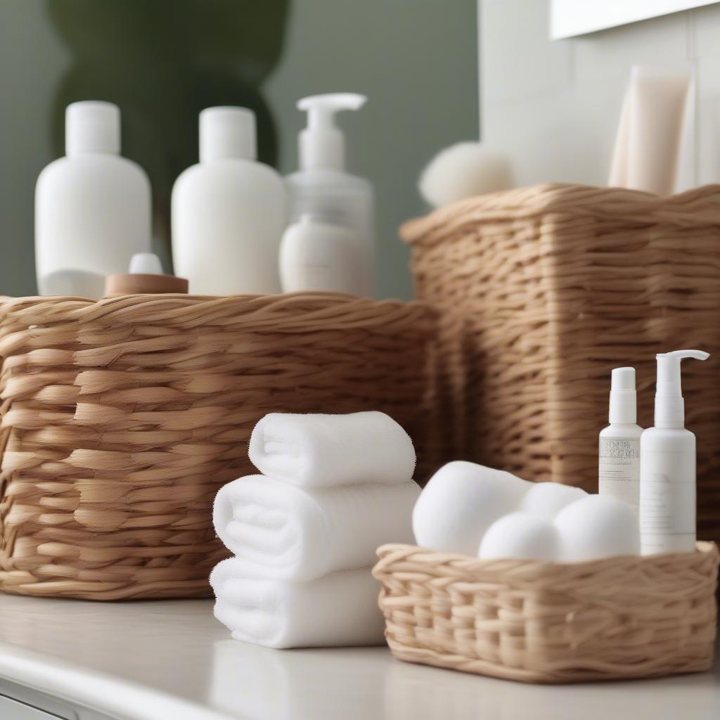 Mini wicker baskets used for bathroom storage