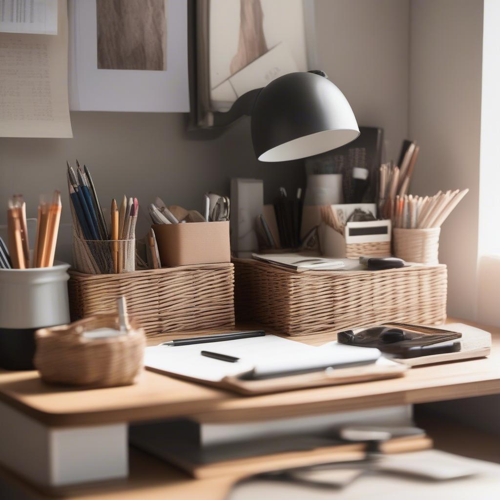 Mini wicker baskets used as a desk organizer