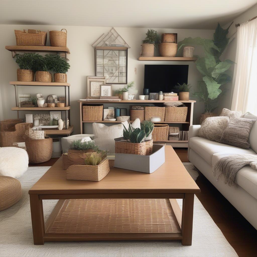 Mini wicker baskets used as decorative storage in a living room