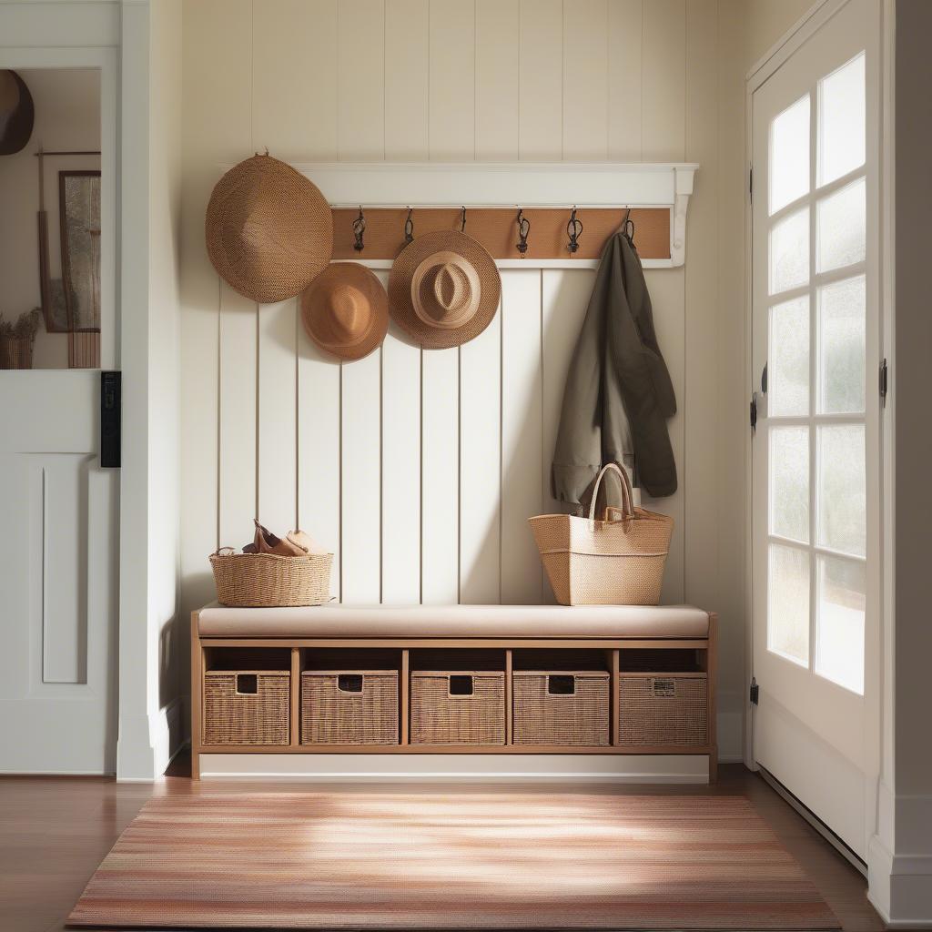 Mission style bench with wicker baskets in an entryway setting