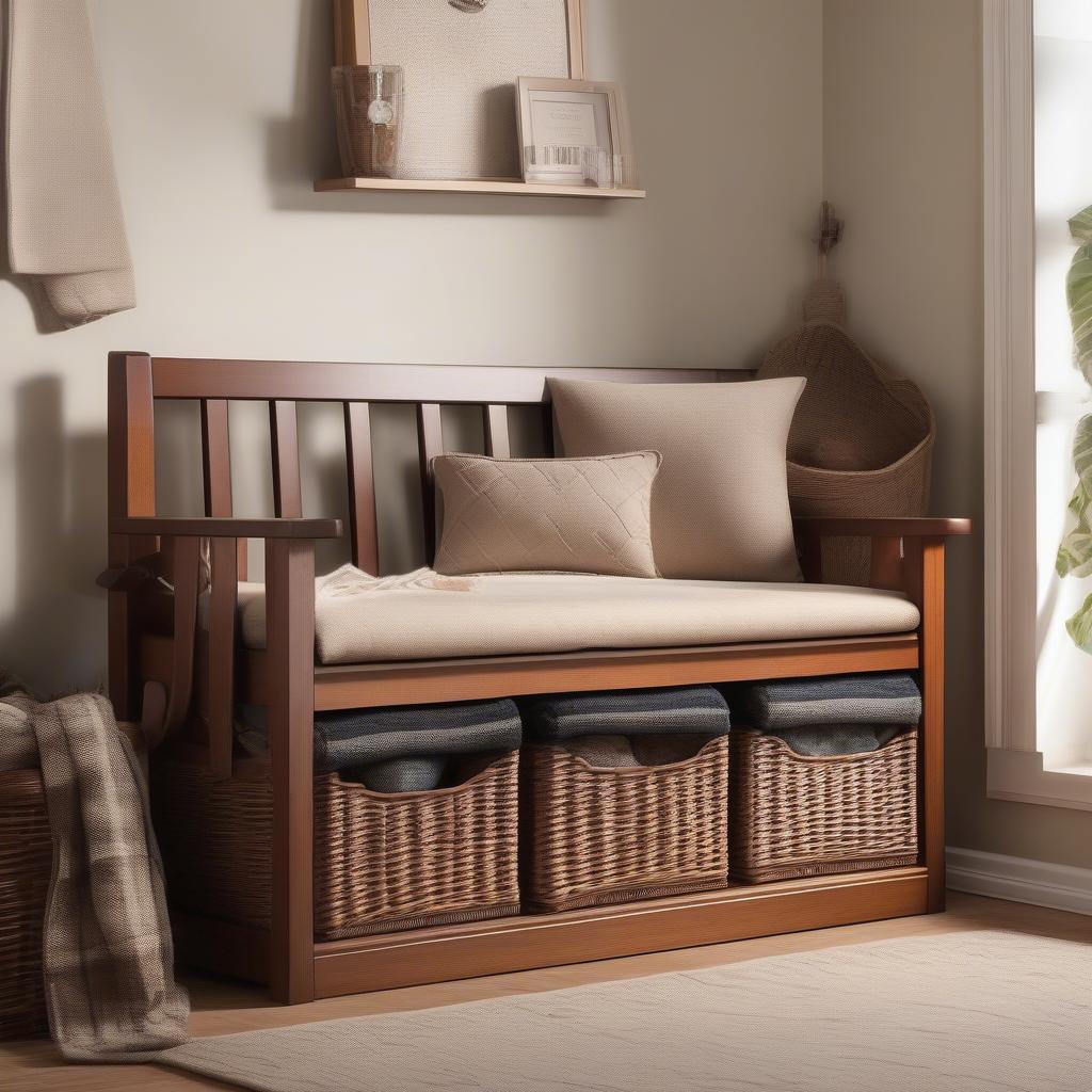 Mission style bench with three wicker baskets in a living room setting