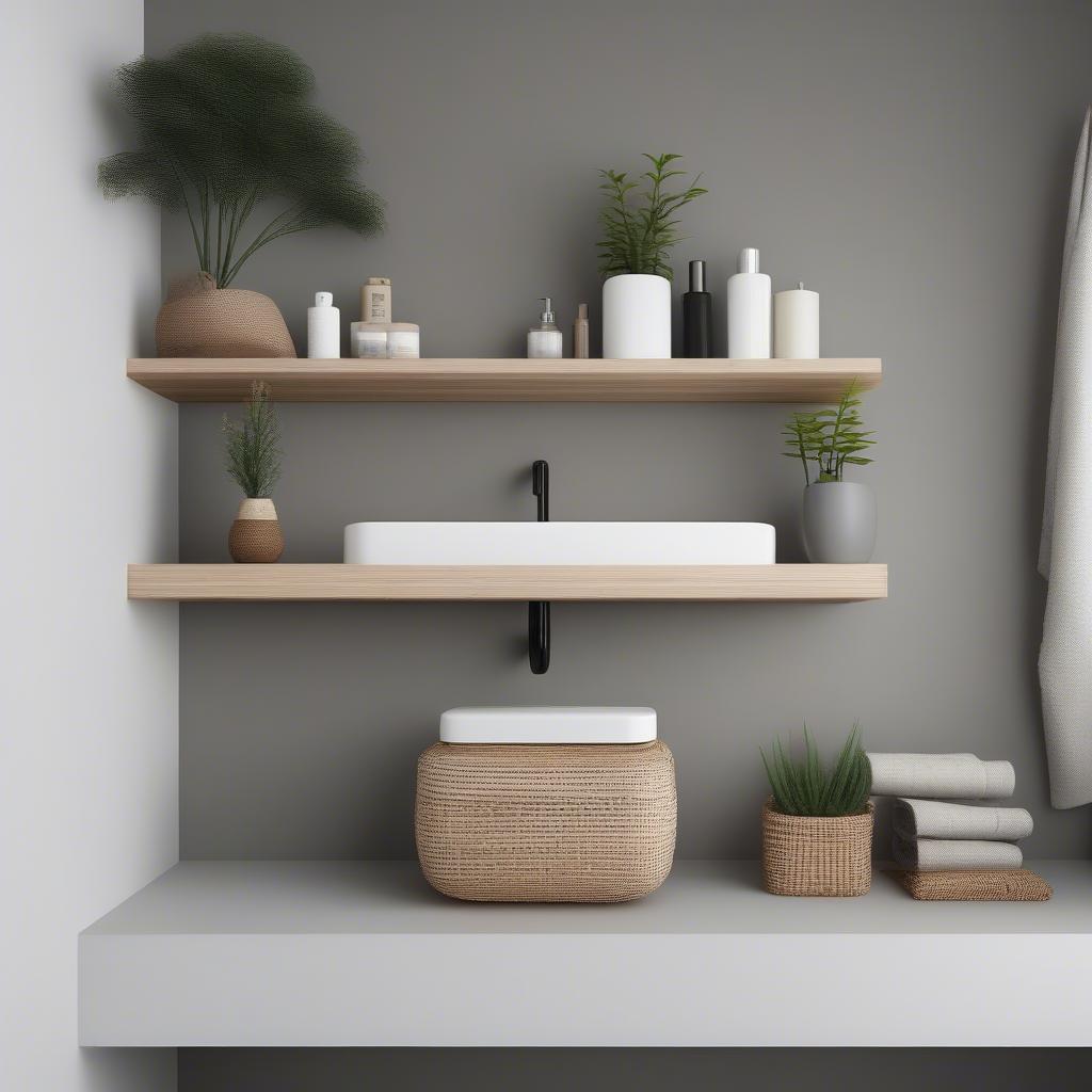 Modern bathroom with wicker accessories, including a toilet paper roll holder and a small plant.