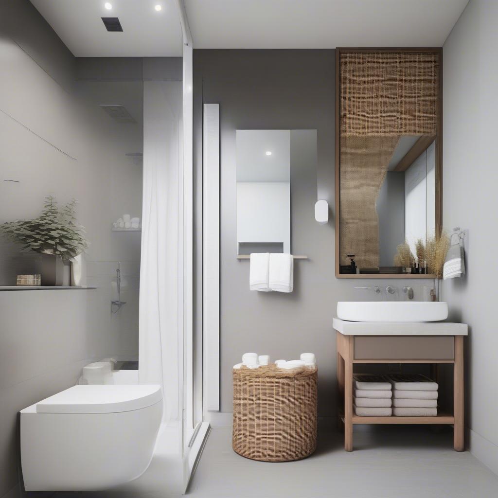 Modern bathroom with integrated wicker storage solutions.