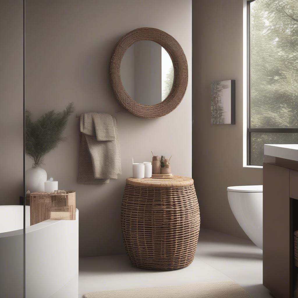 Modern Bathroom Featuring Brown Wicker Toilet Roll Holder