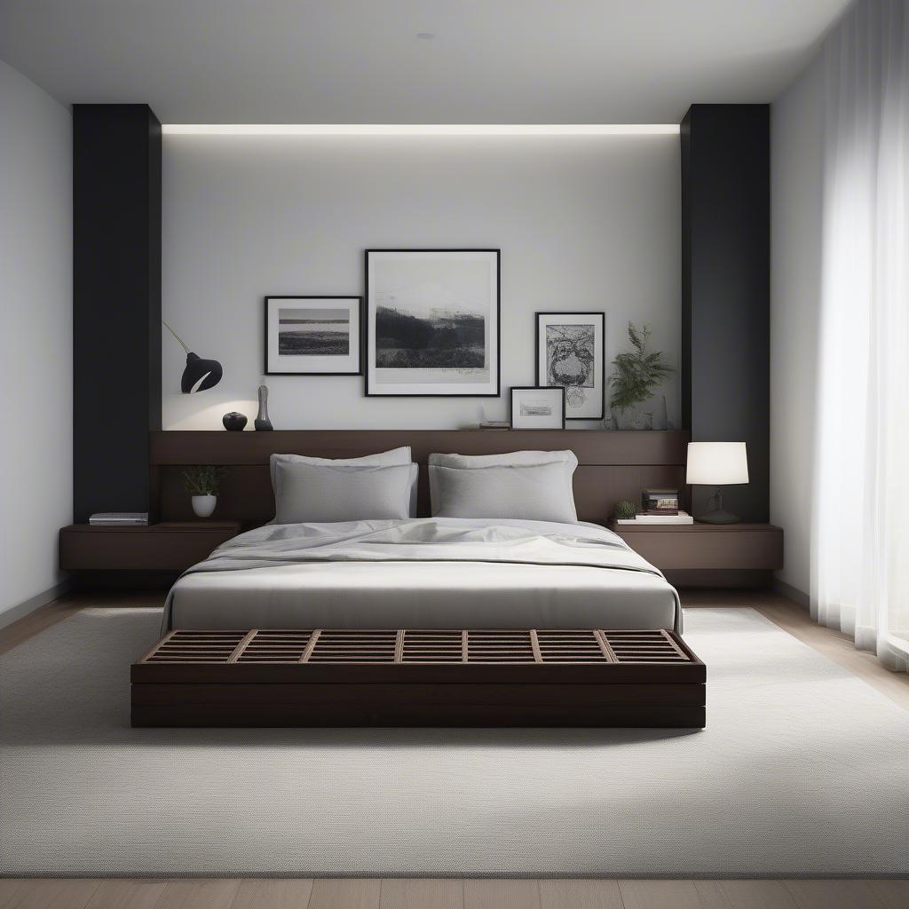 Modern bedroom with a platform storage bed and wicker baskets, showcasing a minimalist aesthetic.