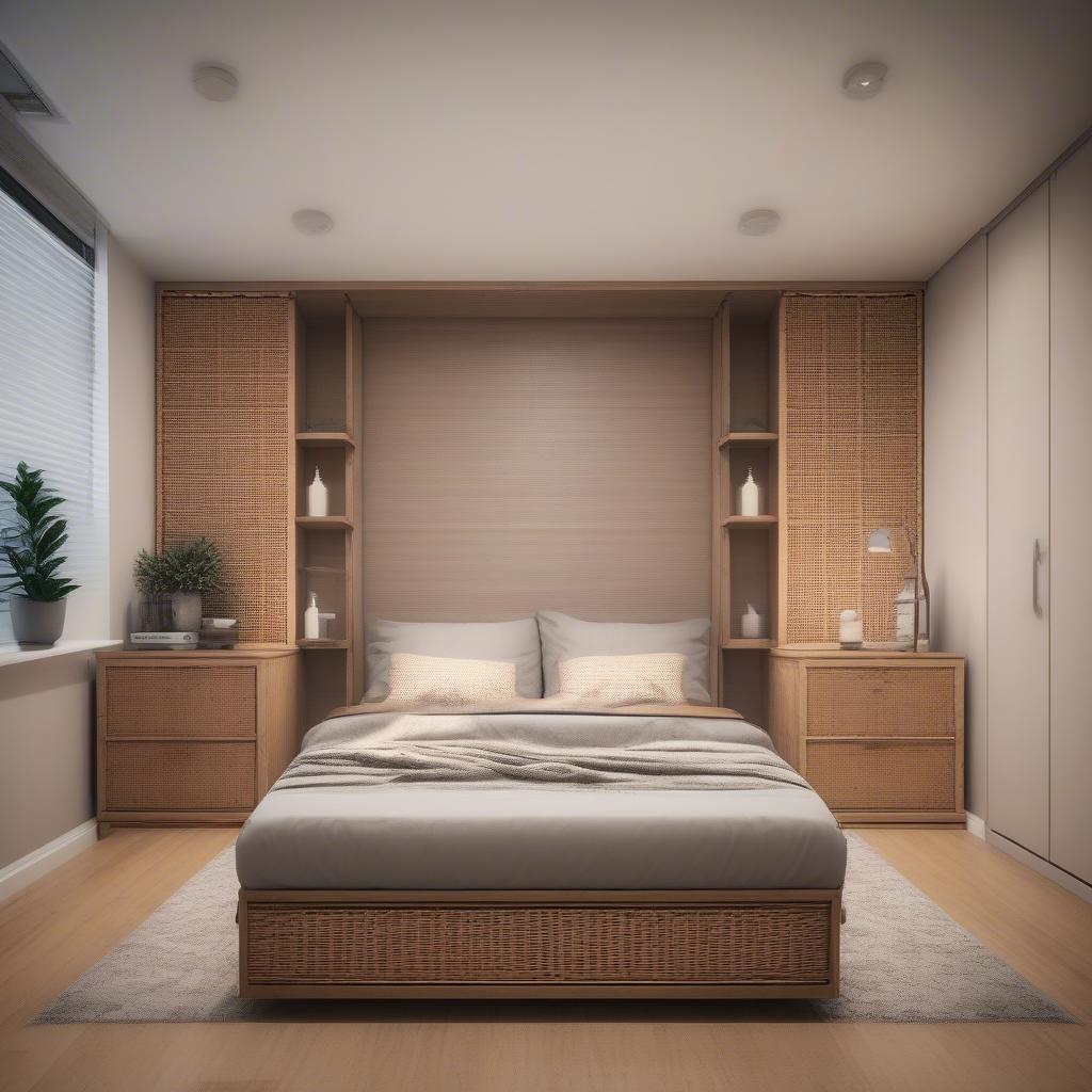 Modern bedroom featuring underbed wicker storage with lid, demonstrating seamless integration with contemporary decor.