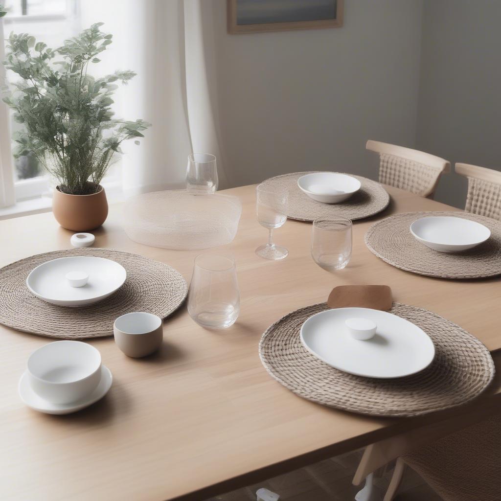 Modern dining table with IKEA wicker placemats