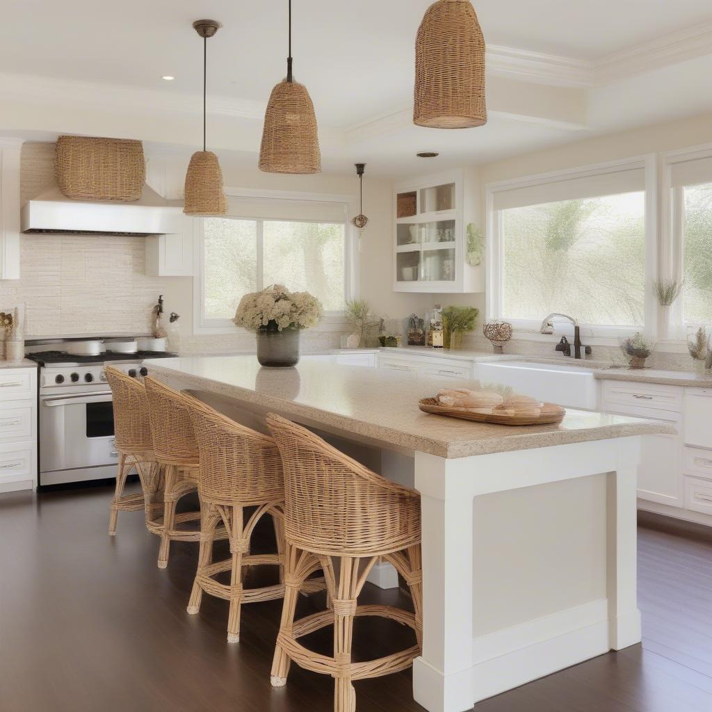 A modern kitchen featuring a wicker cabinet island, blending rustic and contemporary styles.