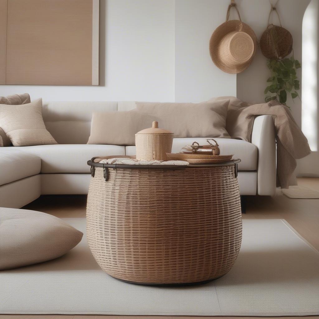 Modern Living Room with Round Metal Wicker Storage