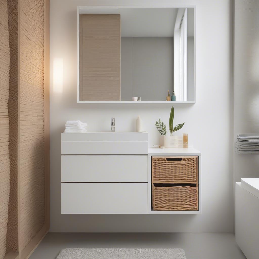 Modern white wicker 2 drawer storage unit in a contemporary bathroom, demonstrating its versatility and sleek design.