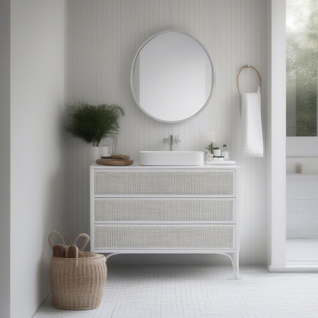 Modern white wicker dresser in a minimalist bathroom