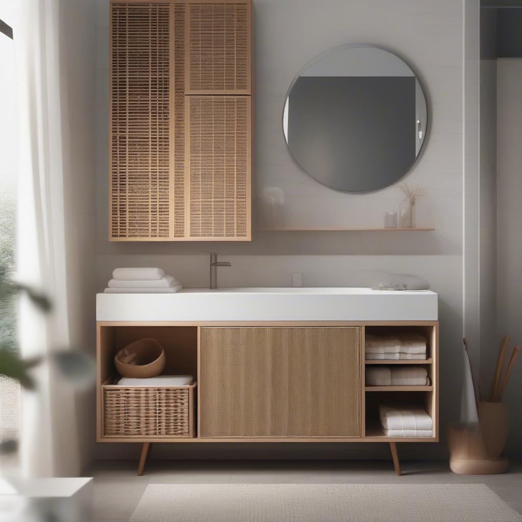 Modern wicker bathroom cabinet in a minimalist bathroom setting.