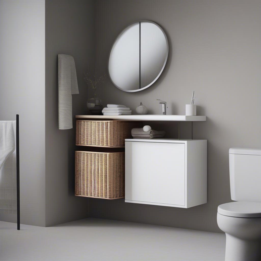 Modern wicker bathroom corner storage unit with integrated drawer.