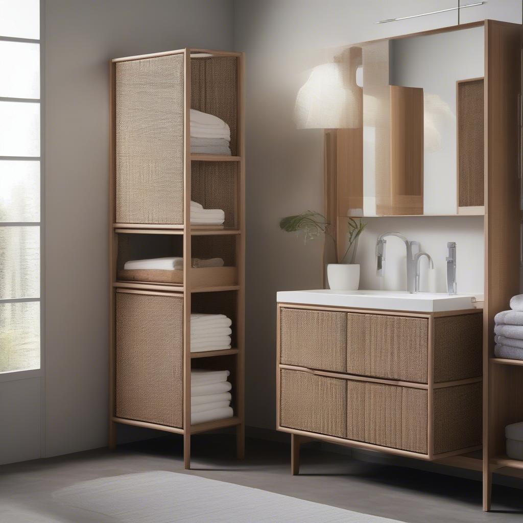 A modern wicker bathroom cabinet showcasing sleek design and ample storage space.