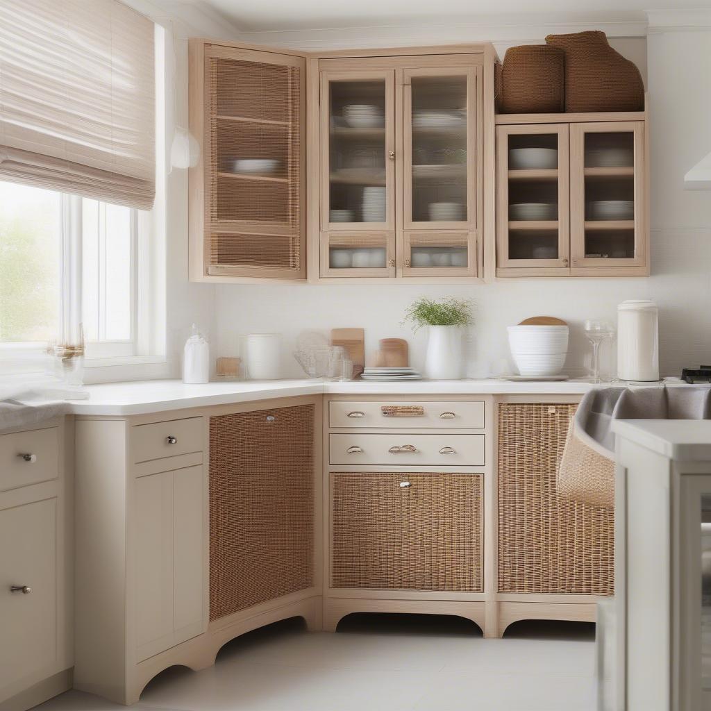 Modern wicker corner cabinet in a kitchen setting, showcasing its sleek design and storage functionality.