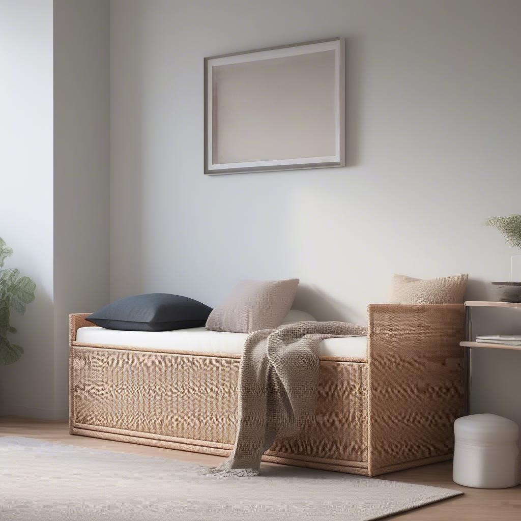 Modern wicker look storage bench in a bedroom used for storing extra bedding and blankets.