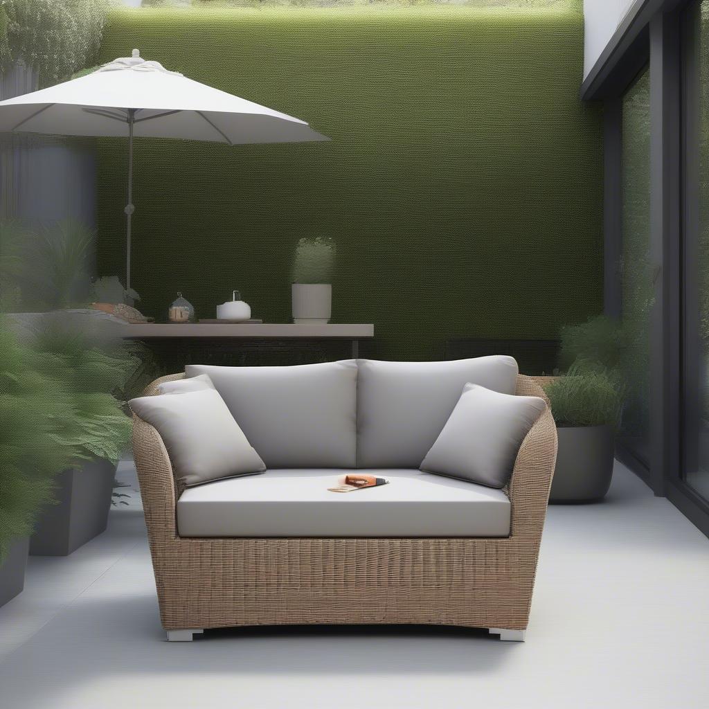 Modern wicker loveseat with storage on a patio