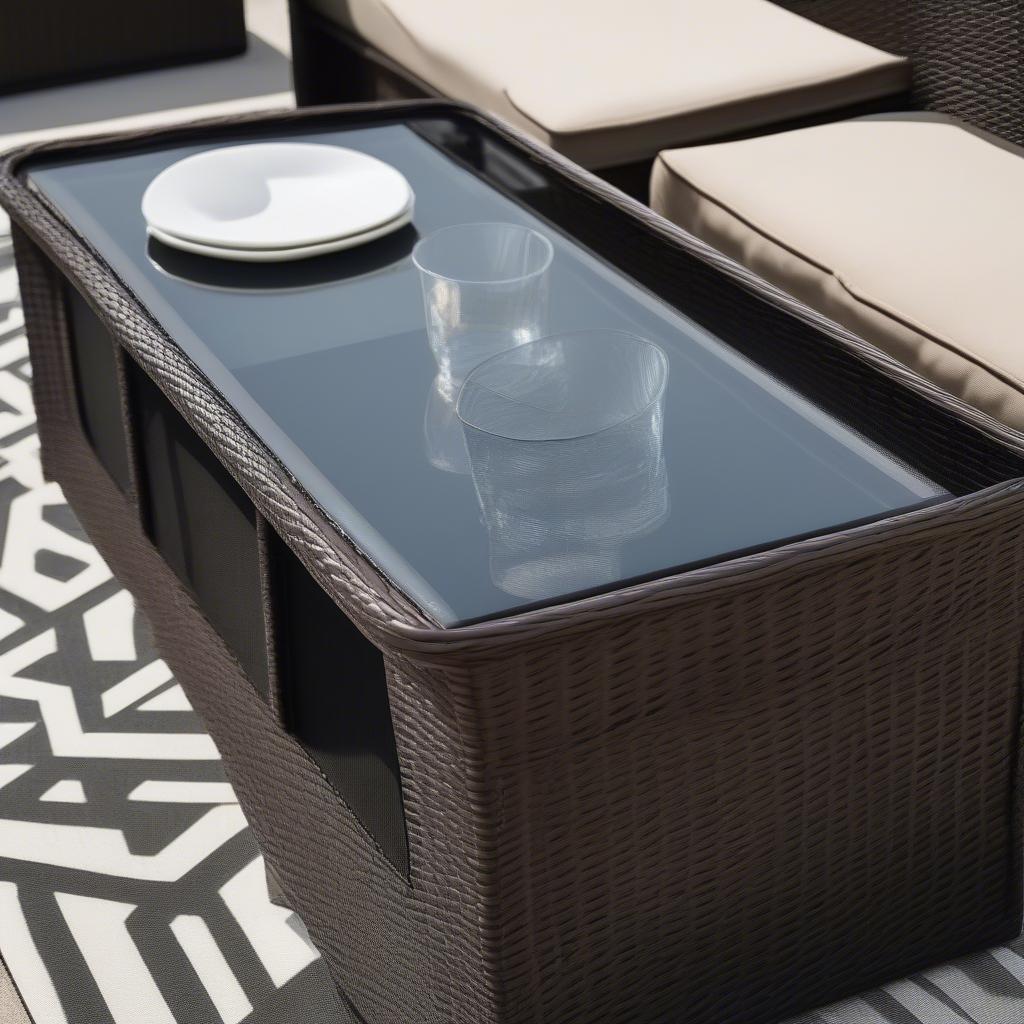 Modern Wicker Outdoor Coffee Table with Glass Top and Storage