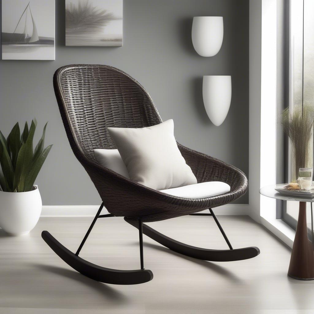 Modern wicker rocking chair with a magazine rack in a contemporary living room.