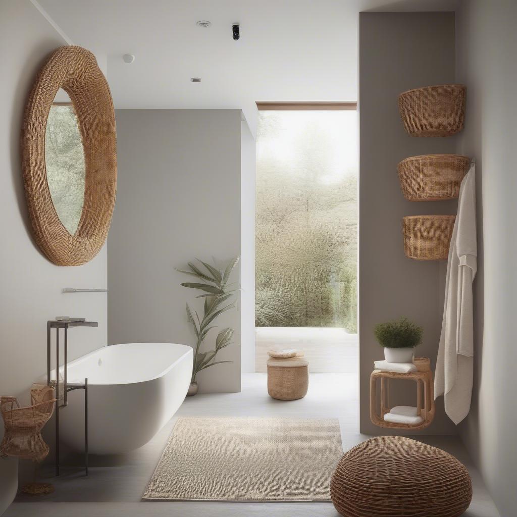 A sleek, modern bathroom featuring a wicker vanity with drawers and a minimalist design.