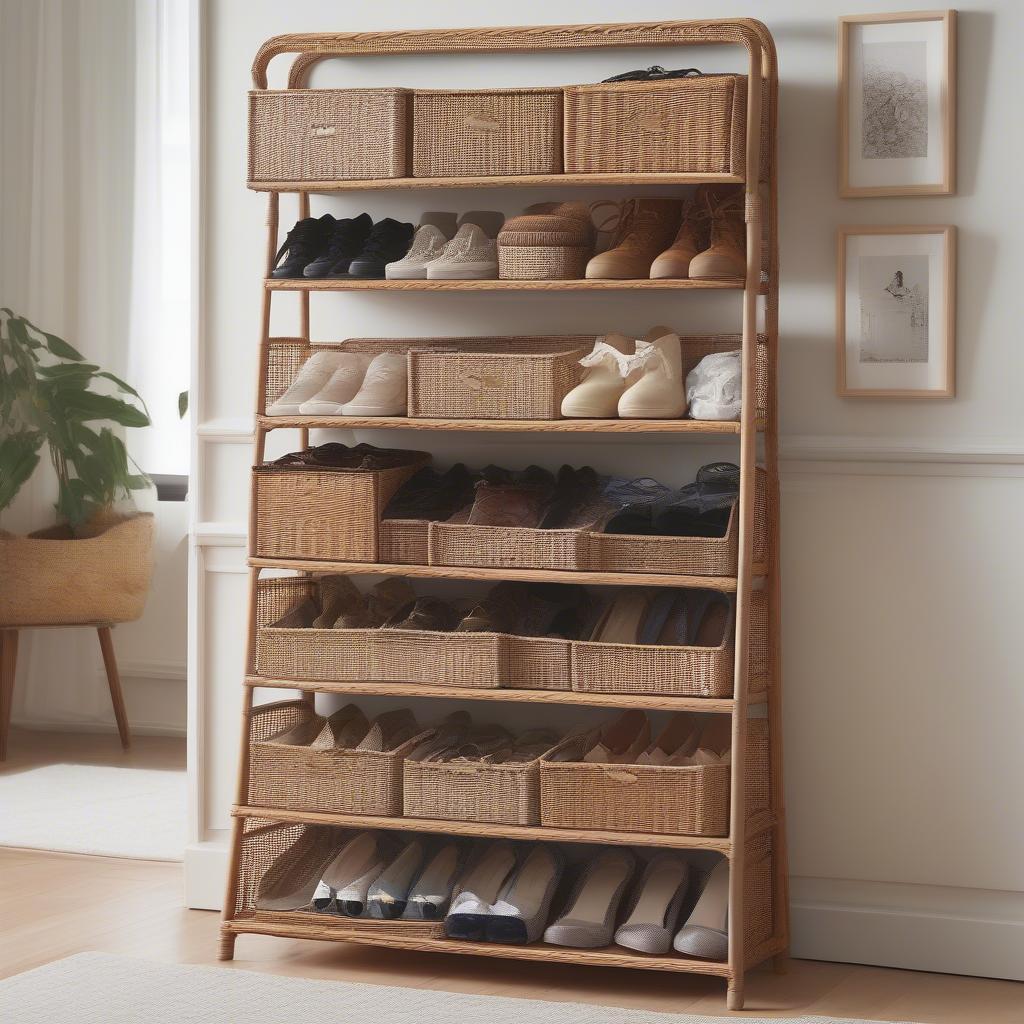 Multi-tiered wicker shelf unit for shoe storage in a bedroom.