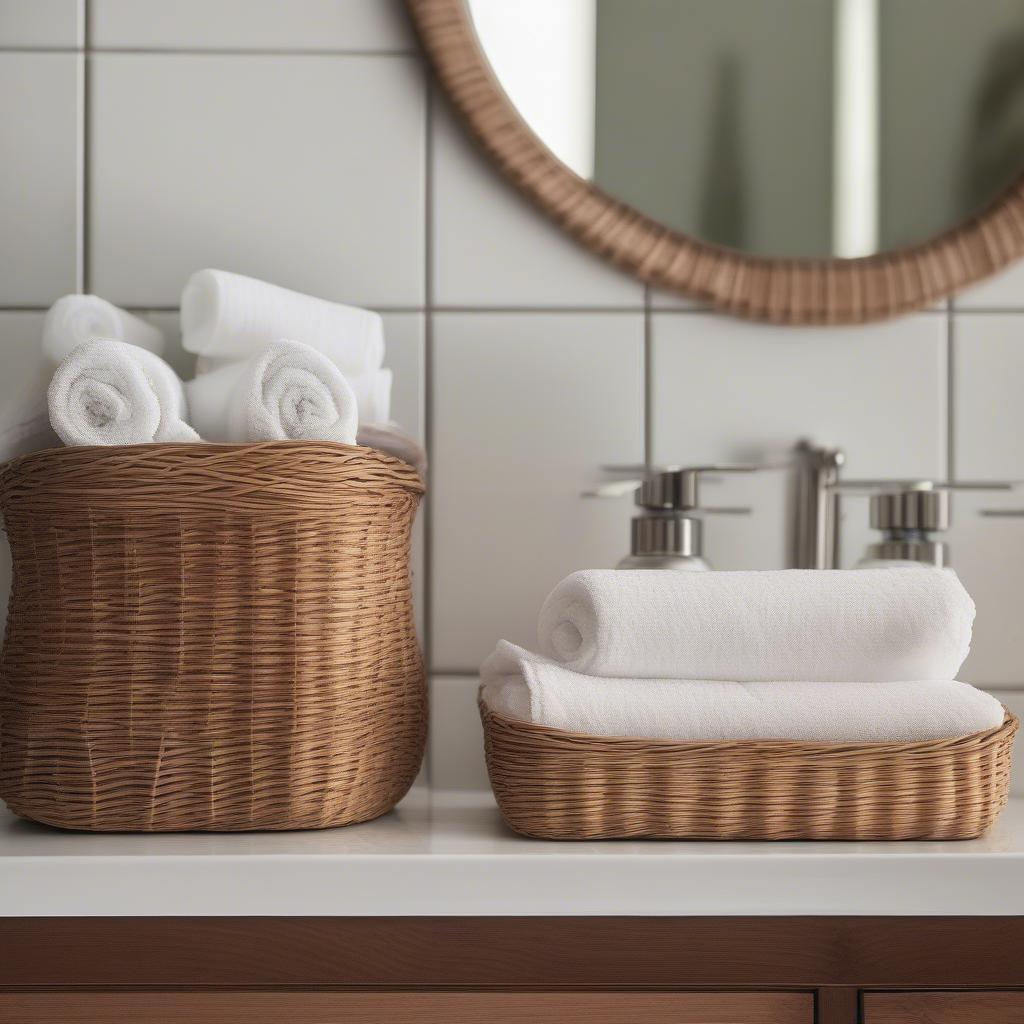 Narrow Wicker Baskets in a Bathroom