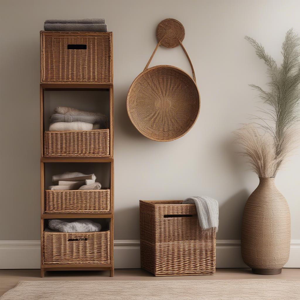 Narrow wicker baskets used for storage in a living room setting