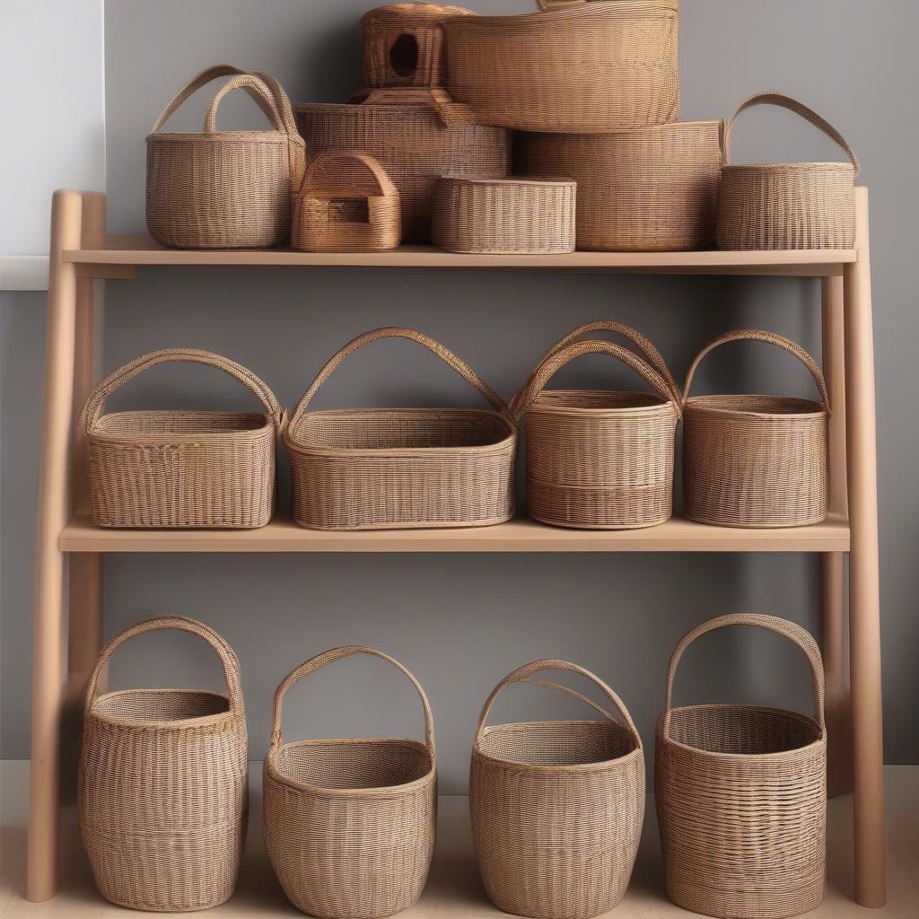 Narrow wicker storage baskets with round handles in various sizes and styles.