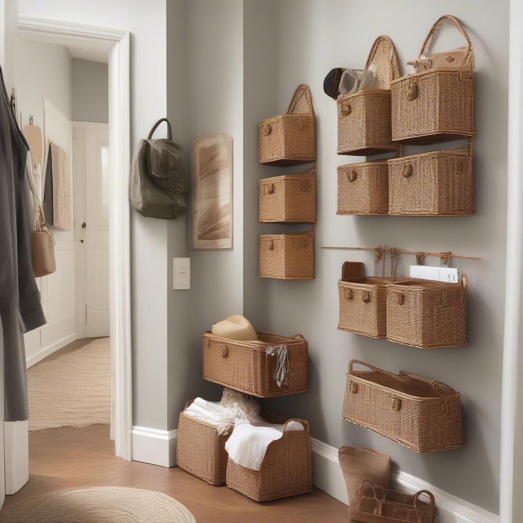 Narrow Wicker Baskets in Wall-Mounted Storage