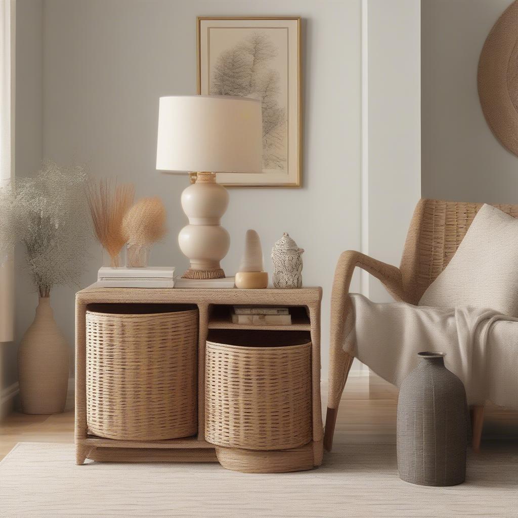 Narrow wicker drawers in a living room setting