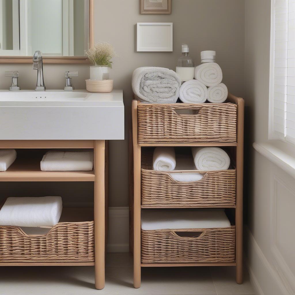 Narrow wicker storage baskets in a bathroom setting