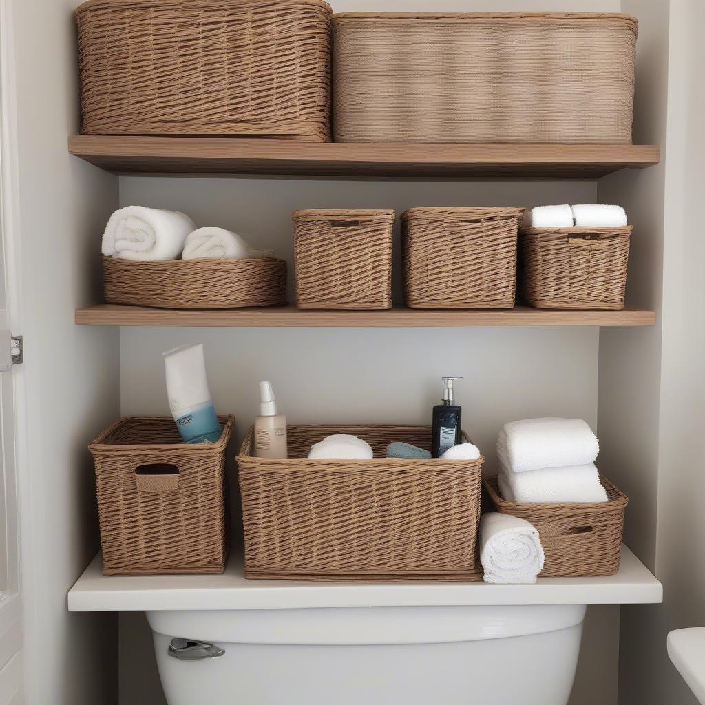 Narrow Wicker Storage Baskets in a Bathroom