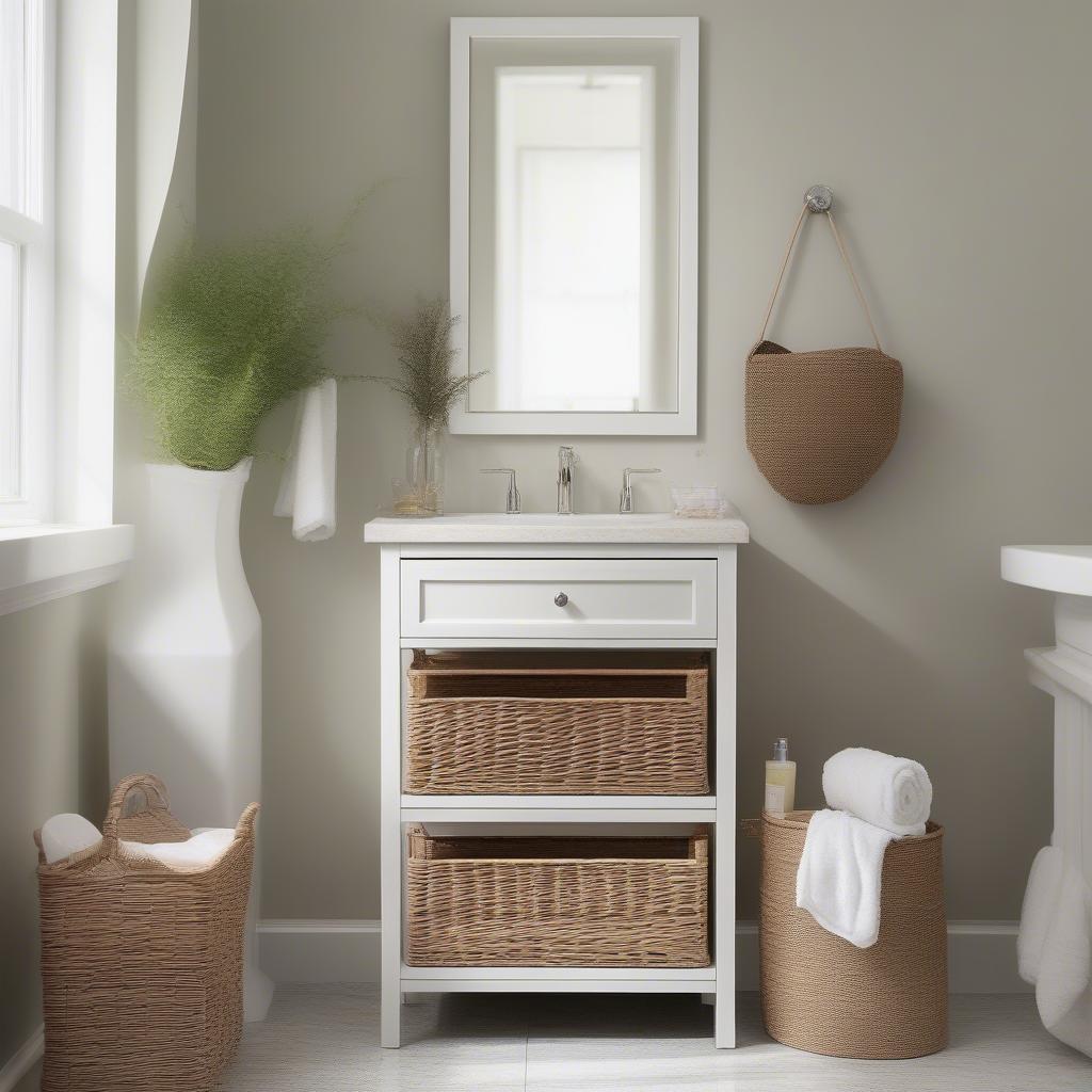 Narrow Wicker Storage in a Bathroom