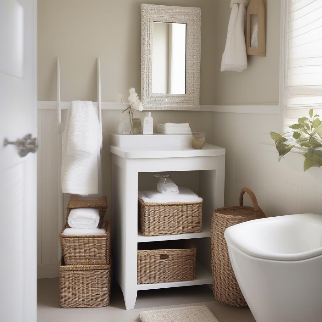 Narrow Wicker Storage in a Bathroom