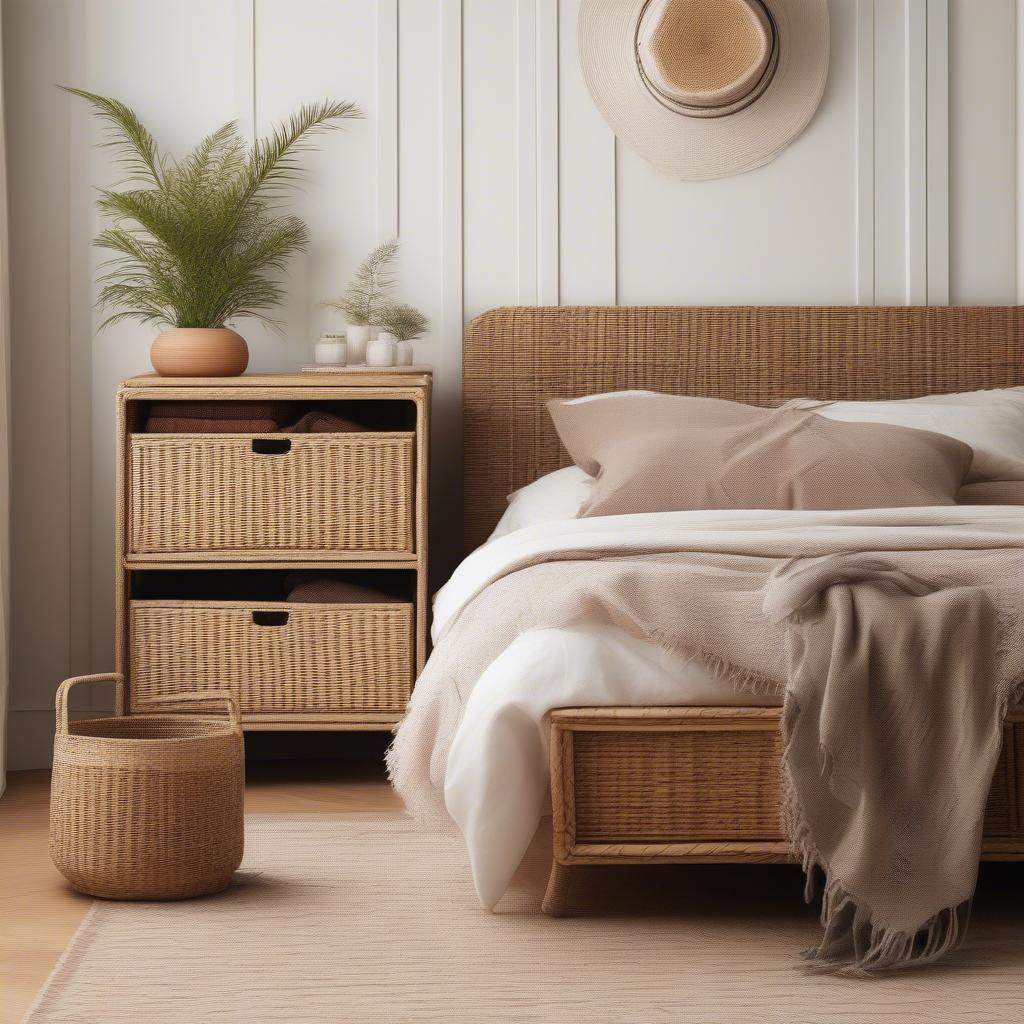 Narrow wicker storage drawers in a bedroom setting