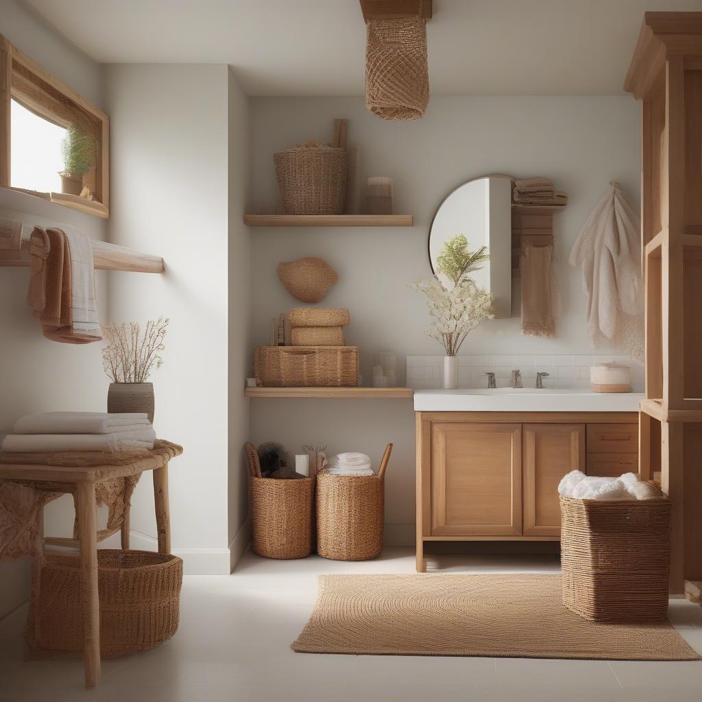 Bathroom with natural decor and wicker accents