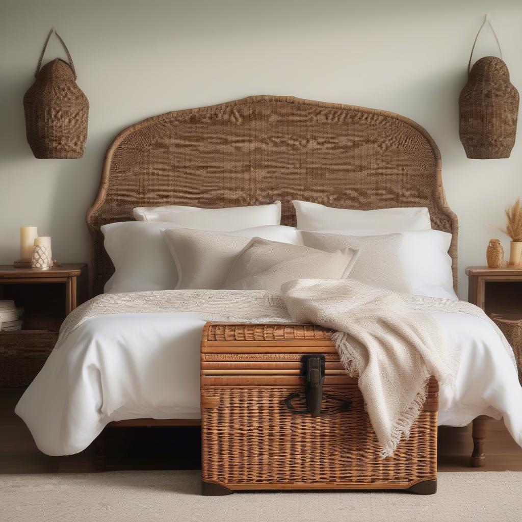 Natural Rattan Wicker Storage Trunk in a Bedroom