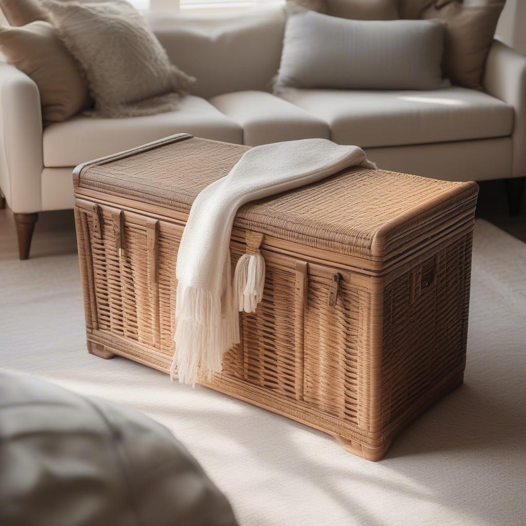 Natural Rattan Wicker Storage Trunk in a Living Room Setting