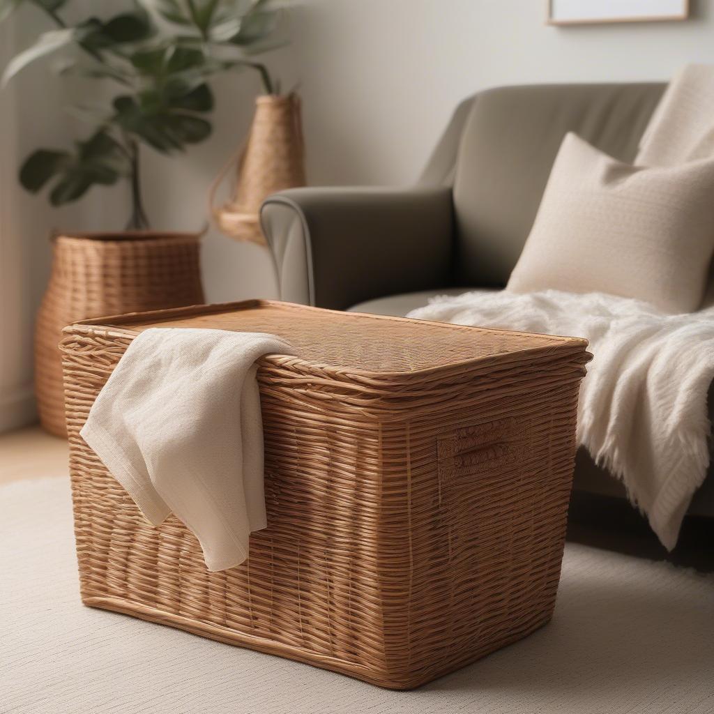 Natural wicker rectangular lidded storage basket in a living room setting